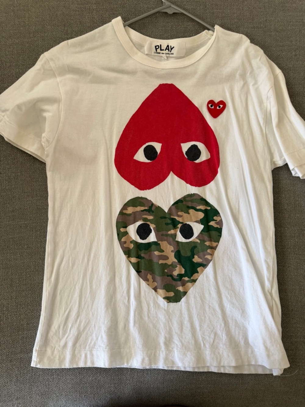 Comme des Garcons  White Tee with Red and Camo Heart Motifs